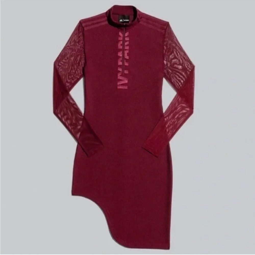 Adidas × IVY PARK Long Sleeve Front Zip Bodycon Asymmetric Mini Dress Maroon S - Picture 7 of 12